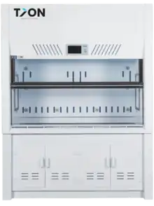 A white polypropylene enclosure with a partially-opened glass sash at front