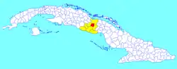 Taguasco municipality (red) within  Sancti Spíritus Province (yellow) and Cuba