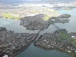 Pakuranga, looking east (the suburb is the "peninsula"-shape on the far side of the Tamaki River)