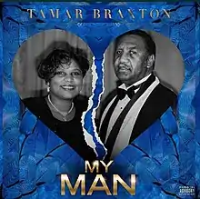 A black-and-white photograph of a man and a woman in the shape of heart. The photograph is torn down the middle and placed on a blue background.