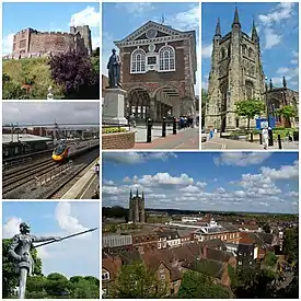 Clockwise from top left: Tamworth Castle, Town Hall with the Robert Peel statue, Parish Church, Skyline, Aethelflaed monument and Railway Station