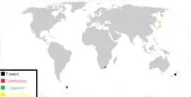Map showing the various localities from which the different species of Taniwhasaurus were listed: in black, Taniwhasaurus oweni; in red, Taniwhasaurus antarcticus; in green Taniwhasaurus 'capensis'; in yellow Taniwhasaurus 'mikasaensis