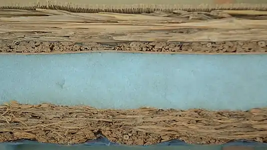 Cross-section of a tatami mat with a hidden extruded-polystyrene core and layers of the traditional igusa (common rush) top and bottom.