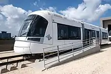 Tel Aviv Light Rail-branded Mock-up trainset standing outside the light rail depot