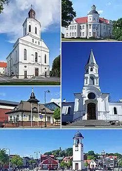 Left to right:Telšiai Cathedral, Curia of the Roman Catholic Diocese of Telšiai, tourism center, Church of the Assumption of the Blessed Virgin Mary into Heaven, Telšiai, Telšiai tower