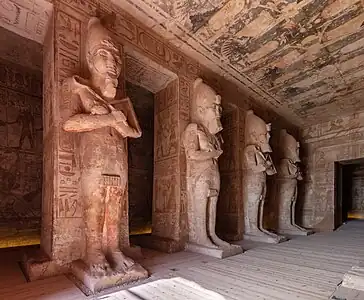 First Pillared Hall, with eight Ancient Egyptian Osiride statues of Ramsses II, Temple of Ramsses II, Abu Simbel, Egypt, 13th century BC, hight: c.9 m