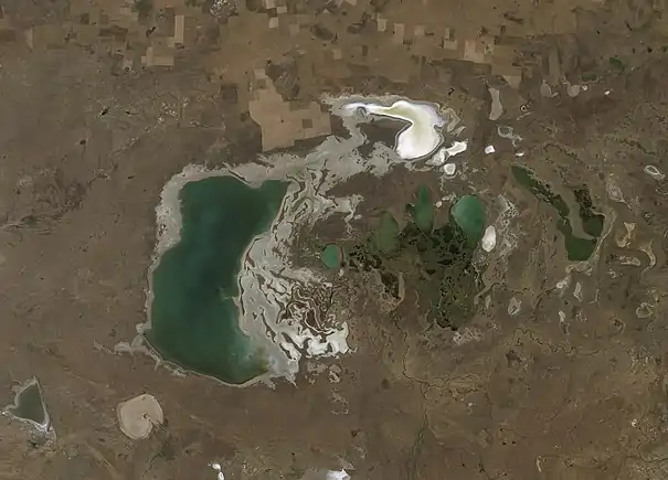 Tengiz Lake with a relative low level,3 September 2011, north-east part and lake margins dried up,photo taken by Landsat 5 satellite.