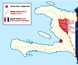 Territory of the Empire of Haiti (1804 -1806). located in the western portions of the Island of Hispaniola. To the East, on the other side of the border, is the Spanish Colony of Santo Domingo , under french control (1795 -1809) The Boarder that divides the island on the map is the Boarder of the Treaty of Aranjuez of 1777.