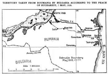 The Bulgaria–Romania border in Dobruja according to the Treaty (source: US Department of State, 1918)