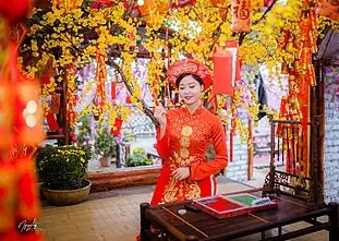 A girl wears an áo dài during Tết.