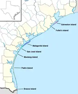 Map depicting the Gulf Coast of Texas, with barrier islands labeled and color-coded