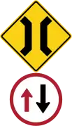 Narrow bridge - give way to oncoming vehicles (used at traffic bottleneck points)