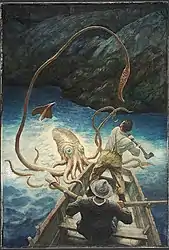 #29 (26/10/1873)The Adventure of the Giant Squid, painted by N.&nbsp;C. Wyeth c. 1939 to illustrate Norman Duncan's The Adventures of Billy Topsail (1906) as republished in Anthology of Children's Literature (1940). The story includes a fictionalised encounter with a giant squid based on the widely reported first Portugal Cove specimen.