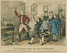 Sketch of a soldier preparing to strike a boy with a sword. The boy holds out his arm in self-defense.