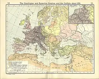Old map of Europe and the Mediterranean basin showing the polities of the year 814 in various colours