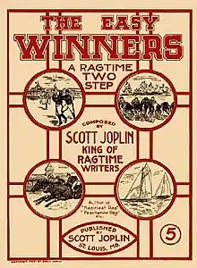 Front cover of the Easy Winners sheet music shows four line drawings of American sport - Baseball, Horseracing, American football, and yacht racing. The title is shown at the top of the page in large black lettering