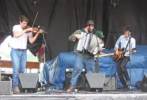 The Felice Brothers perform at Mountain Jam 2008. Left to right: Farley, James, Christmas (back), Ian