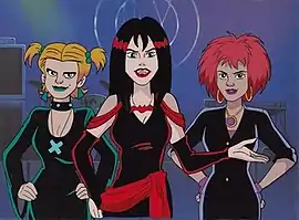 Pictured from left to right (Jane Wiedlin), (Jennifer Hale), and (Kimberly Brooks) in animated form.
