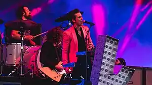 The Killers at Hyde Park in 2017. Ronnie Vannucci Jr. (drums), Dave Keuning (guitar) and Brandon Flowers (vocals, keys)