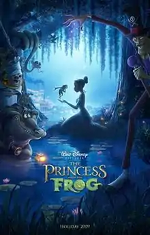 Cartoon image of a woman kneeling in the Louisiana bayou in a princess costume with a frog in her hand, as a voodoo man, a witchdoctor, a firefly, an alligator, and a snake, look on.