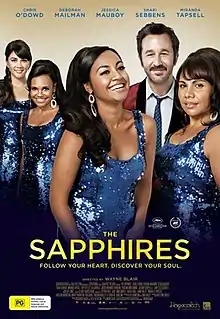 Four woman in sparkling blue dresses, a smiling man with a mustache wearing a red dinner jacket stands behind them.