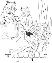 three bears overlook a bed as a scared girl leaps from the bed