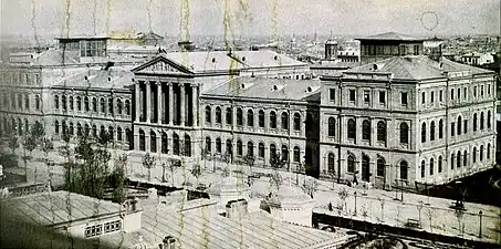 Neoclassical - The old building of the University of Bucharest, 1857–1864, bombarded in April or May 1944 during WW2 and partially destroyed, partially rebuilt during the late 1960s, designed by Alexandru Orăscu and decorated with sculptures by Karl Storck
