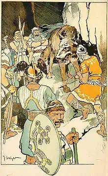 "The binding of Fenrir," illustration from Hamilton Wright Mabie, Norse Stories Retold from the Eddas (1908).