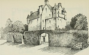 Sketch of Kilbryde Castle. Along with the castle - which is a two storey building, there are trees on both sides, and a wall with arches around the property