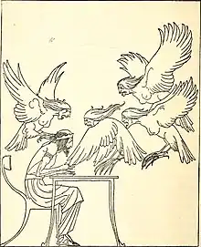 Drawing of a skinny man with a crown on his head, seated at a table and surrounded by aggressive harpies