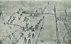 A sketch of fortified ramparts being ascended by men with rifles