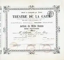 Stock certificate of the Théatre de la Gaité for 1000 Francs, issued on 19 August 1873, signed in the original by Jaques Offenbach as director. Offenbach renovated the theatre from the ground up to reopen it on 2 September 1873 with "Le Gascon", a drama by Théodore Barière, to which he himself had contributed the music. Offenbach invested 360,000 francs in the production of the historical drama "La Heine" by Victorien Sardou, which premiered on 3 December 1874, but it was not a success, which ultimately led to the dissolution of the company.