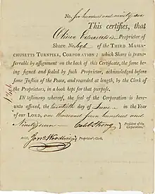 Founder's Share certificate of the Third Massachusetts Turnpike Corporation, issued 20 June 1797, signed in original by Caleb Strong as President