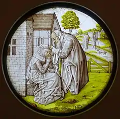 Tobit comforts Anna, stained glass roundel, southern Netherlands, c. 1500