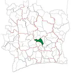 Location in Ivory Coast. Tiébissou Department has had these boundaries since 2005.