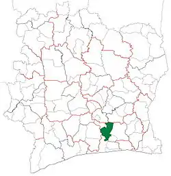 Location in Ivory Coast. Tiassalé Department has had these boundaries since 2012.