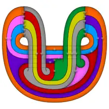 An 8-coloured double torus (genus-two surface) – bubbles denotes unique combination of two regions