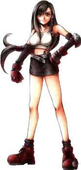 A dark-haired light-skinned woman facing the viewer wearing dark red boots, brown mini-skirt, a white shirt with the midriff bared, dark red gloves and armor on her left elbow. Her long hair is curved to her right and is forked at the end.