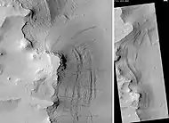 Tikhonravov Basin streaks, as seen by HiRISE.  Scale bar is 500&nbsp;m (1,600&nbsp;ft) long