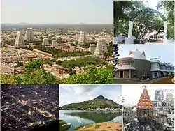 Clockwise from top left: View of Tiruvannamalai with Annamalaiyar Temple towers in the centre and hills in the background, Sri Ramana Ashram entrance, Yogi ram surat kumar ashram, Great Chariot, view of Annamalai Hill from outskirts, Tiruvannamalai at night.