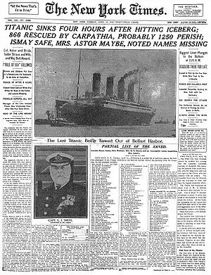 The episode references the front page of The New York Times on April 15, 1912, reporting the sinking of the RMS Titanic.