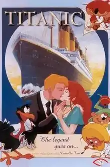 The Titantic. Below a blonde man and a redhaired woman kissing. The poster also includes various cartoon animals.