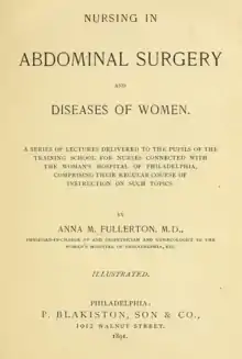 The title page of a textbook, Nursing in Abdominal Surgery and Diseases of Women by Anna M. Fullerton, M. D., published in 1891 by P. Blakiston, Son, & Co., Philadelphia.