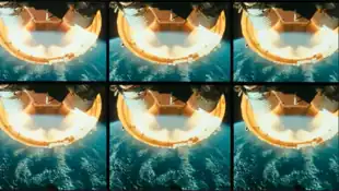 A rocket flying above Earth; the image is split to six