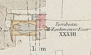 Closeup of Gaillardot's map of the Royal necropolis of Sidon showing Tomb of Eshmunazar II.
