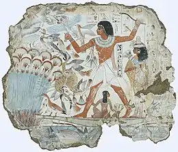 Fresco which depicts Nebamun hunting birds; 1350&nbsp;BC; paint on plaster; 98 × 83&nbsp;cm; British Museum (London)