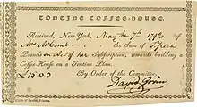 Subscription receipt for £15 towards building a Coffee-House according on a Tontine Plan, issued in New York on May 7, 1792, signed in his own hand by David Grim, building's construction supervisor. In 1817, stock trading was moved from the Coffee-House to a larger building on Wall Street.