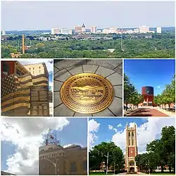 From top, left to right: skyline from Burnett's Mound; Kansas Avenue Veteran's Memorial; Tribute to the State of Kansas; Topeka & Shawnee County Public Library; Jayhawk Tower; Topeka High School