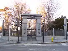 Touro Cemetery showing Isaiah Rogers' Egyptian Revival gate similar to the gate at Boston's Old Granary Burying Ground
