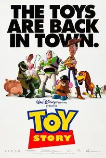 The poster features Woody anxiously holding onto Buzz Lightyear as he flies into Andy's room. Below them sitting on the bed are Bo Peep, Mr. Potato Head, Troll, Hamm, Slinky, Sergeant, and Rex. In the lower right center of the image is the film's title. The background shows the cloud wallpaper featured in the bedroom.